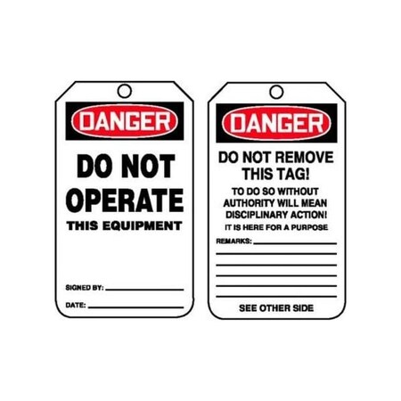 Accuform Safety Tags, DANGER DO NOT OPERATE THIS EQUIPMENT, 5.75in x 3.25in, RP-Plastic, 25PK MDT170PTP